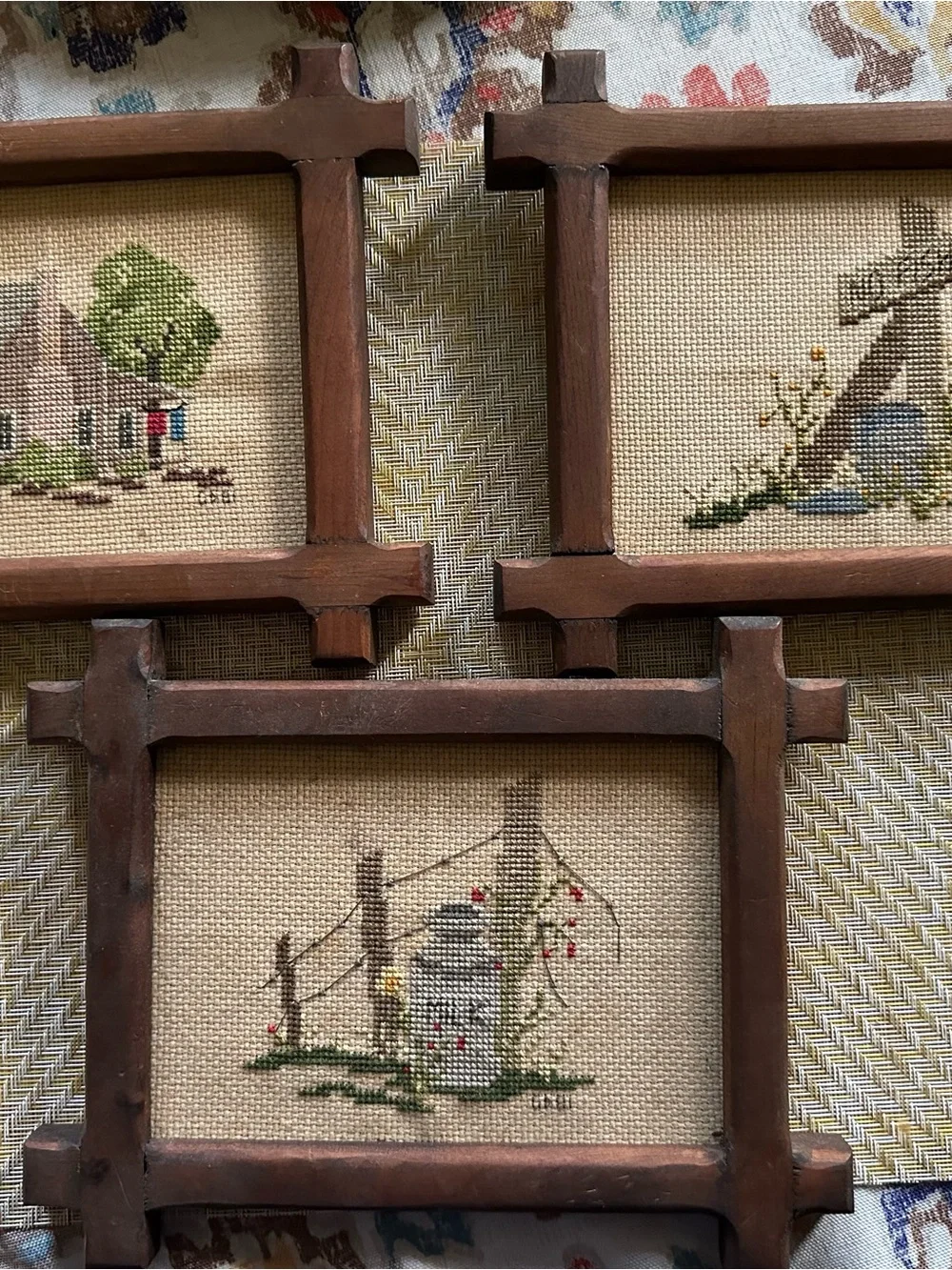Handcrafted Amish Rustic Brown Wooden Frame Cross Stitch Wall Art